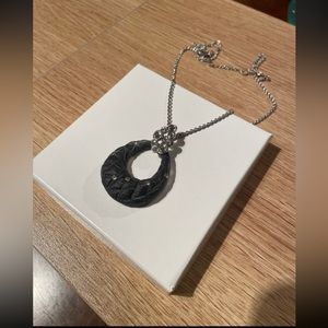 Alexis Bittar Black lucite necklace w/crystals & pebbles in silver tone setting